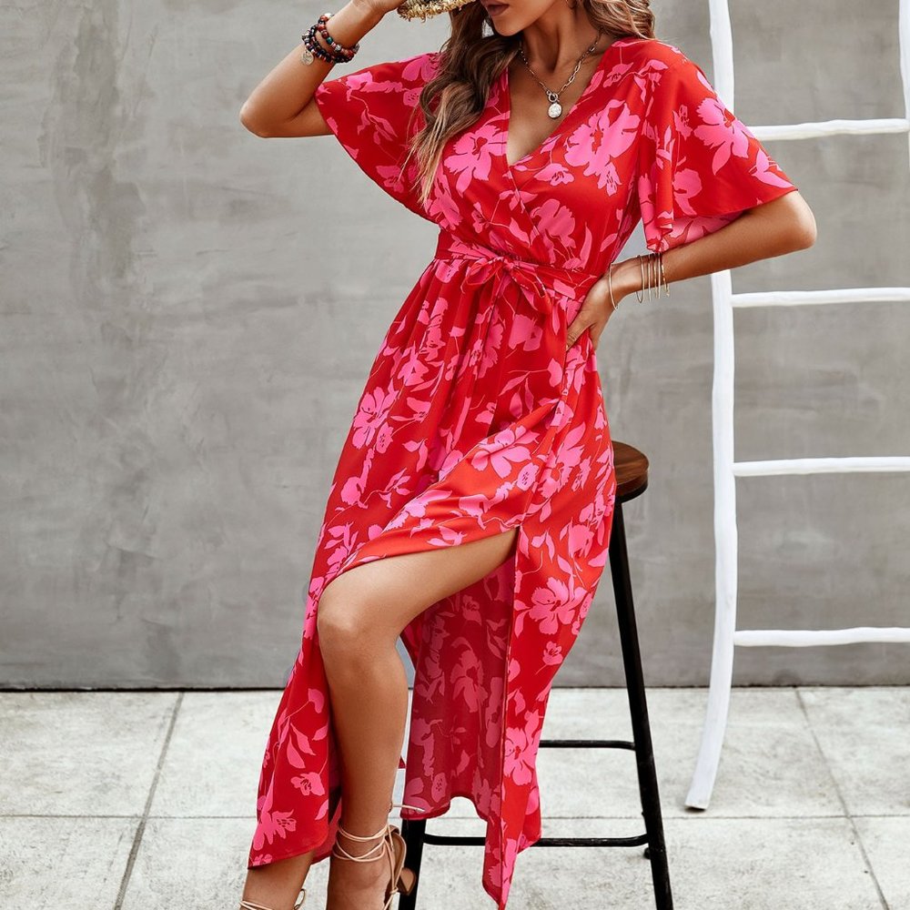 New Allover Print Butterfly Sleeve Split Side Belted Dress Red